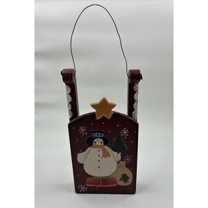 Vintage Christmas Ornament Snowmen Hand Painted on Red‎ Sled Wire Hanger